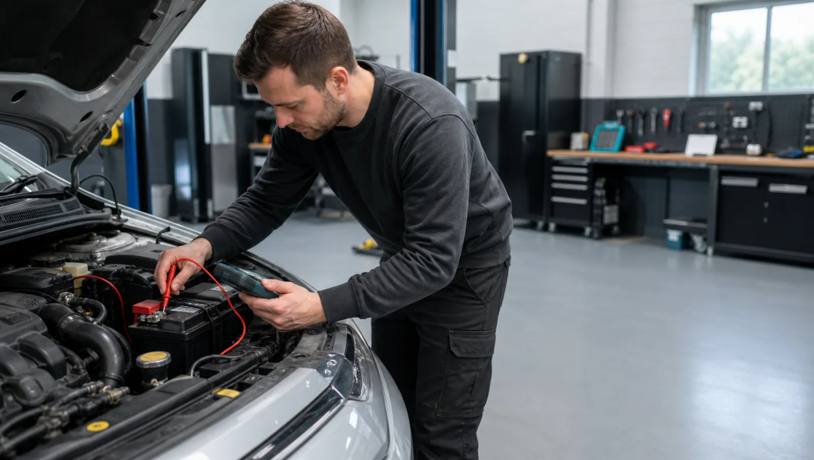 A mechanic using a multimeter to test a car battery.