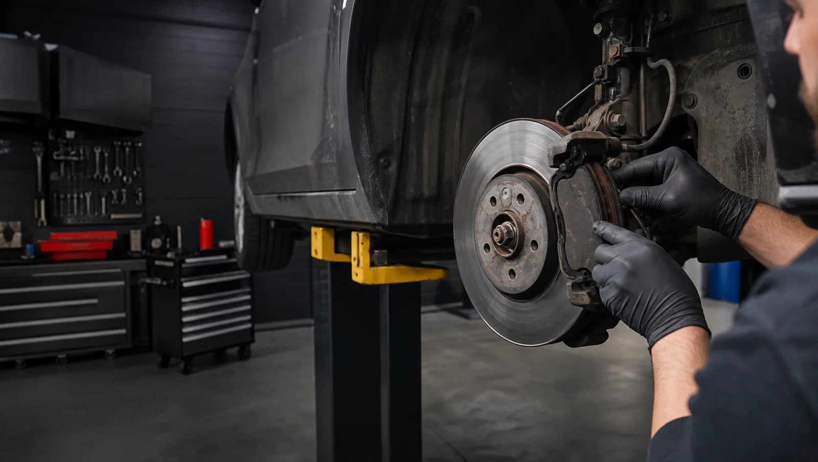 A mechanic inspecting a brake disc and caliper with the wheel removed.