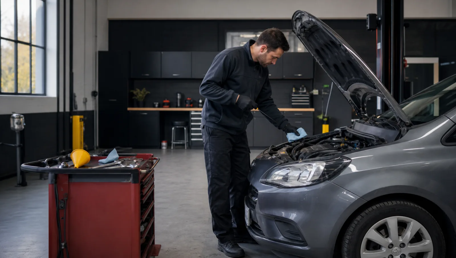 A mechanic checking a car engine during routine servicing.