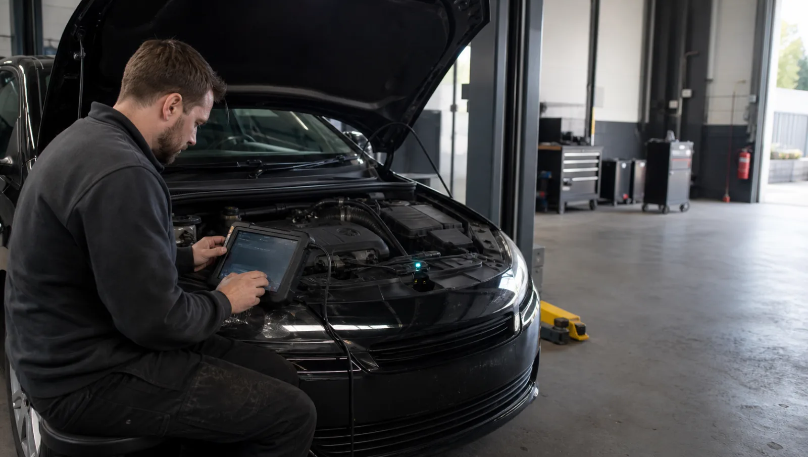 A mechanic connecting diagnostic equipment to a car with its bonnet open.