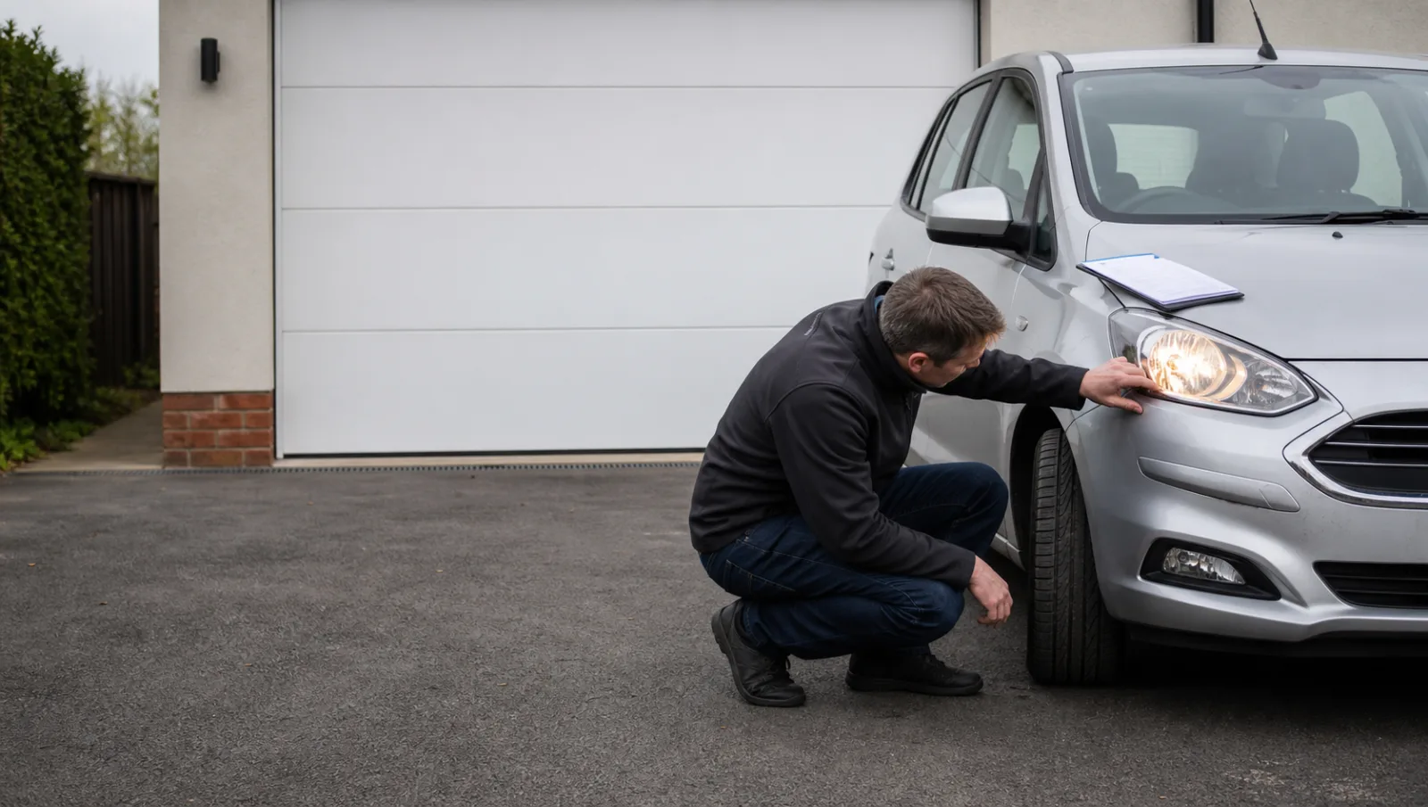 A driver checking a headlamp and tyre before an MOT.