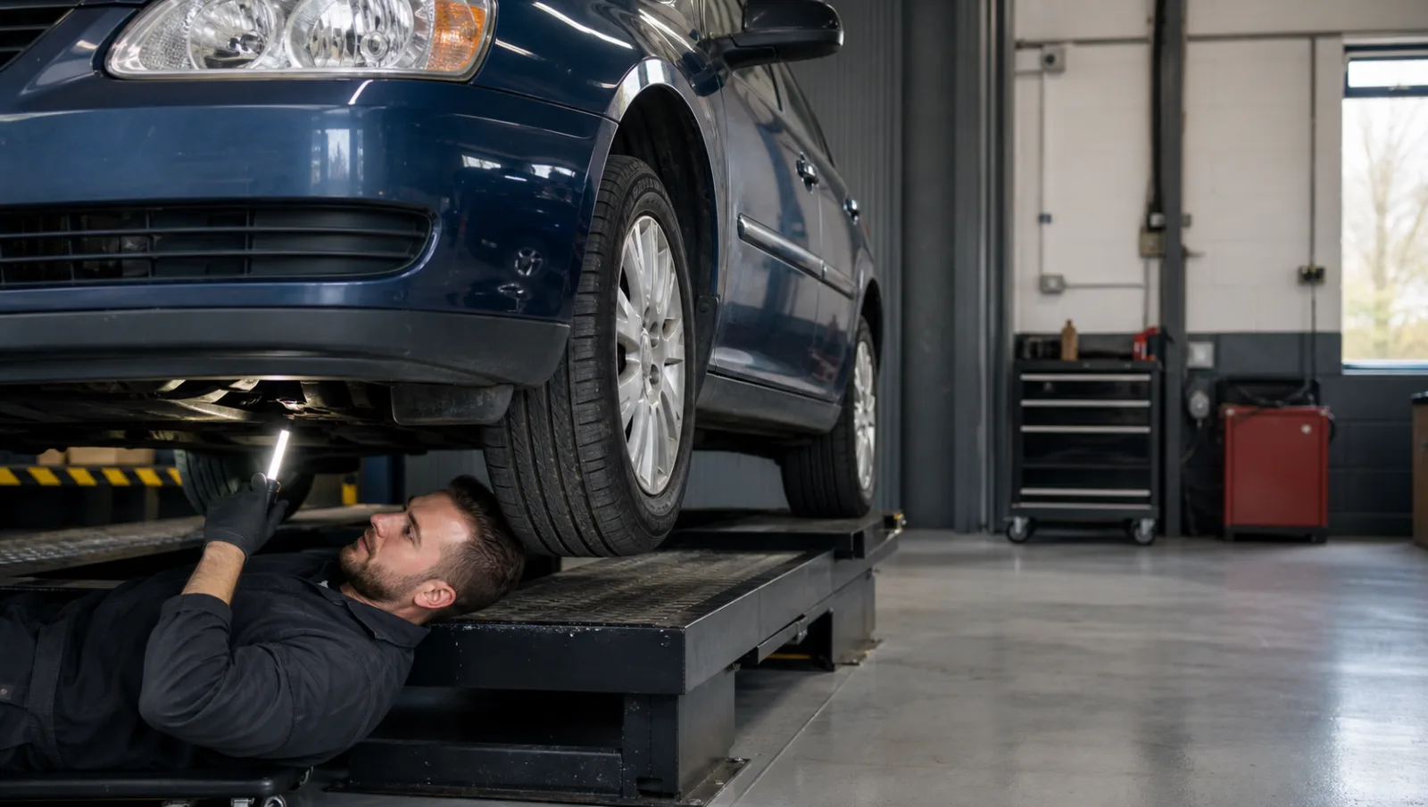 A mechanic using an inspection lamp beneath a car in a test bay.