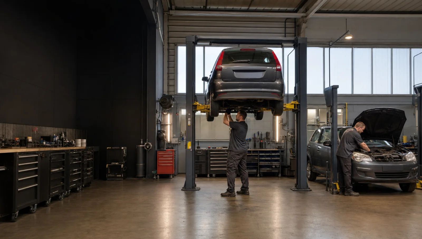 Two cars in service bays inside an organised independent workshop.