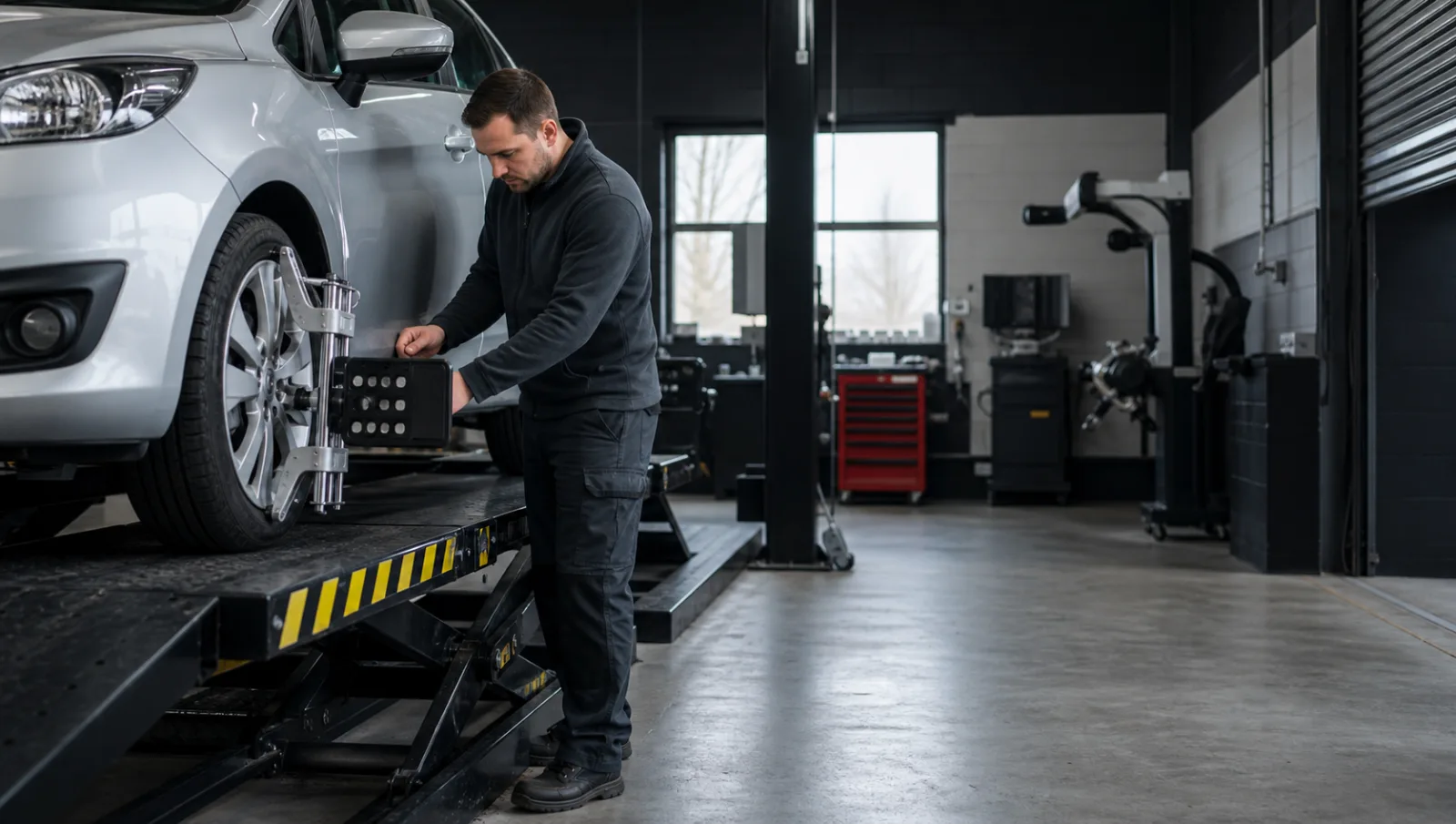 A mechanic setting wheel-alignment equipment on a silver car.