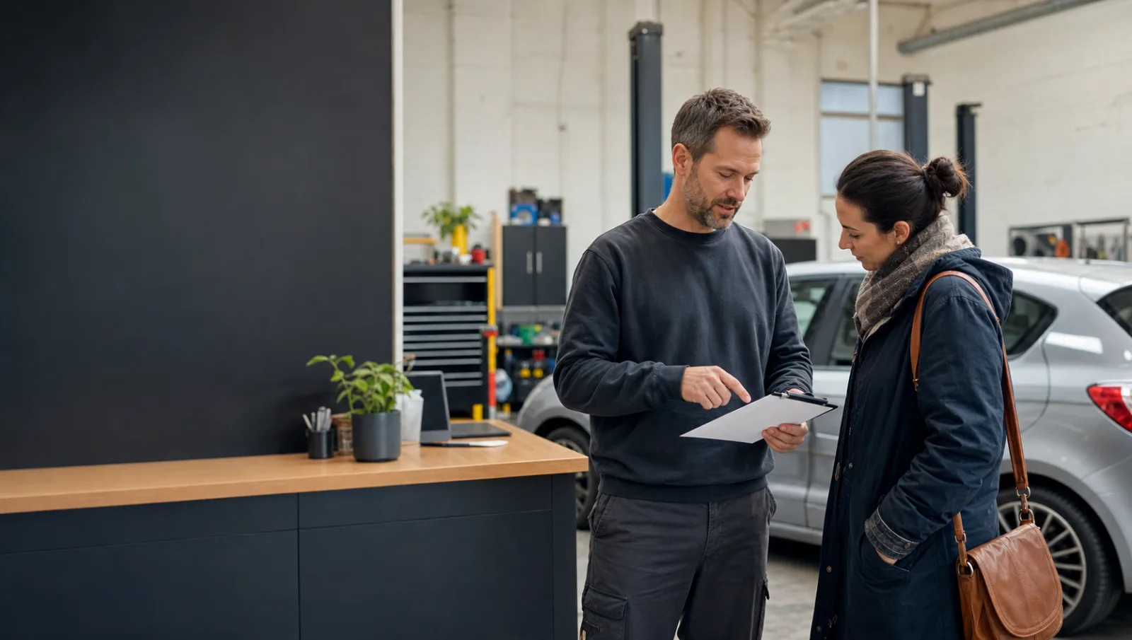 A mechanic discussing a blank inspection sheet with a customer.